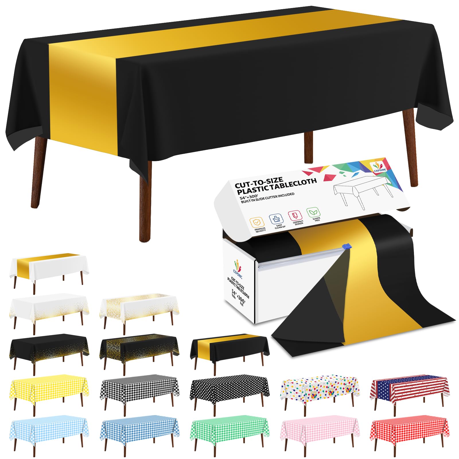 CXPSINC 54 Inch X 300 Feet Plastic Table Cover Roll Disposable Tablecloth with Slide Cutter for All Type/Shape Tables | Party, Banquet, Birthdays, Weddings(Black & Glod,300 Feet)