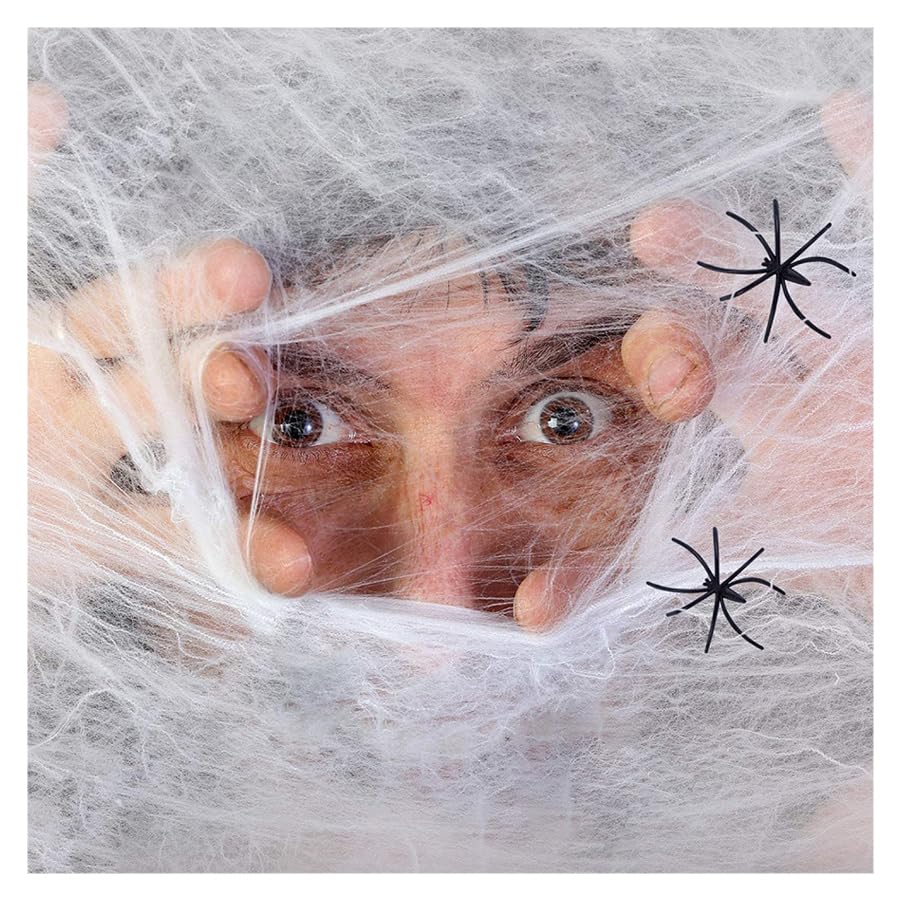 Komonee Halloween Spiderweb Stretchy Fake Spider Cob Web with Spiders Indoor Outdoor Garden Haunted House Party Decoration White