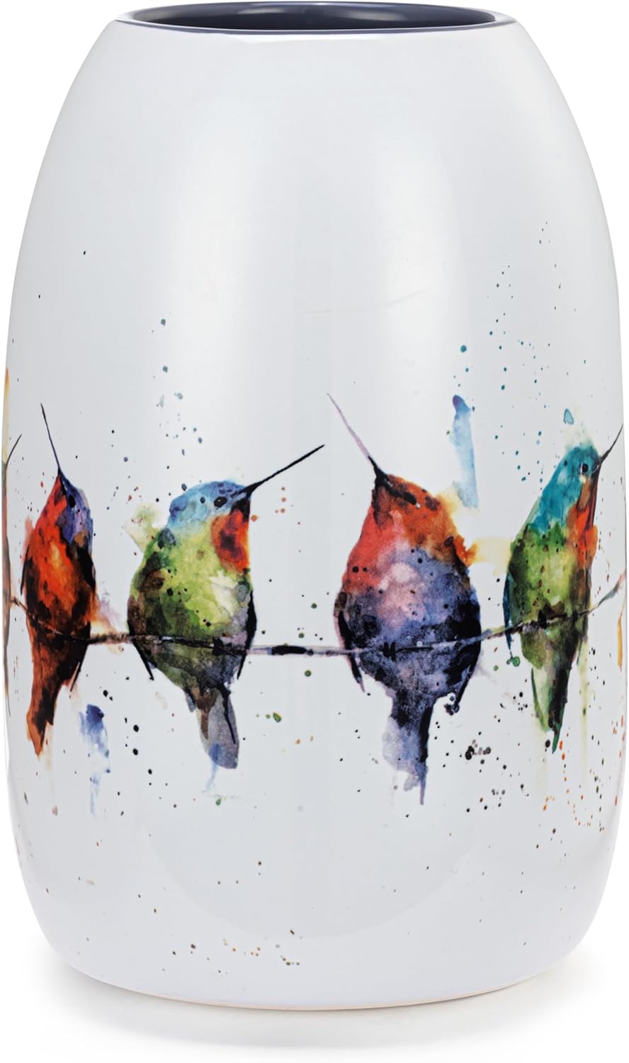 DEMDACO Dean Crouser Collection Watercolor Hummers On A Wire Colorful 7 x 4.5 Stoneware Decorative Bud Floral Flower Vase Container Vessel
