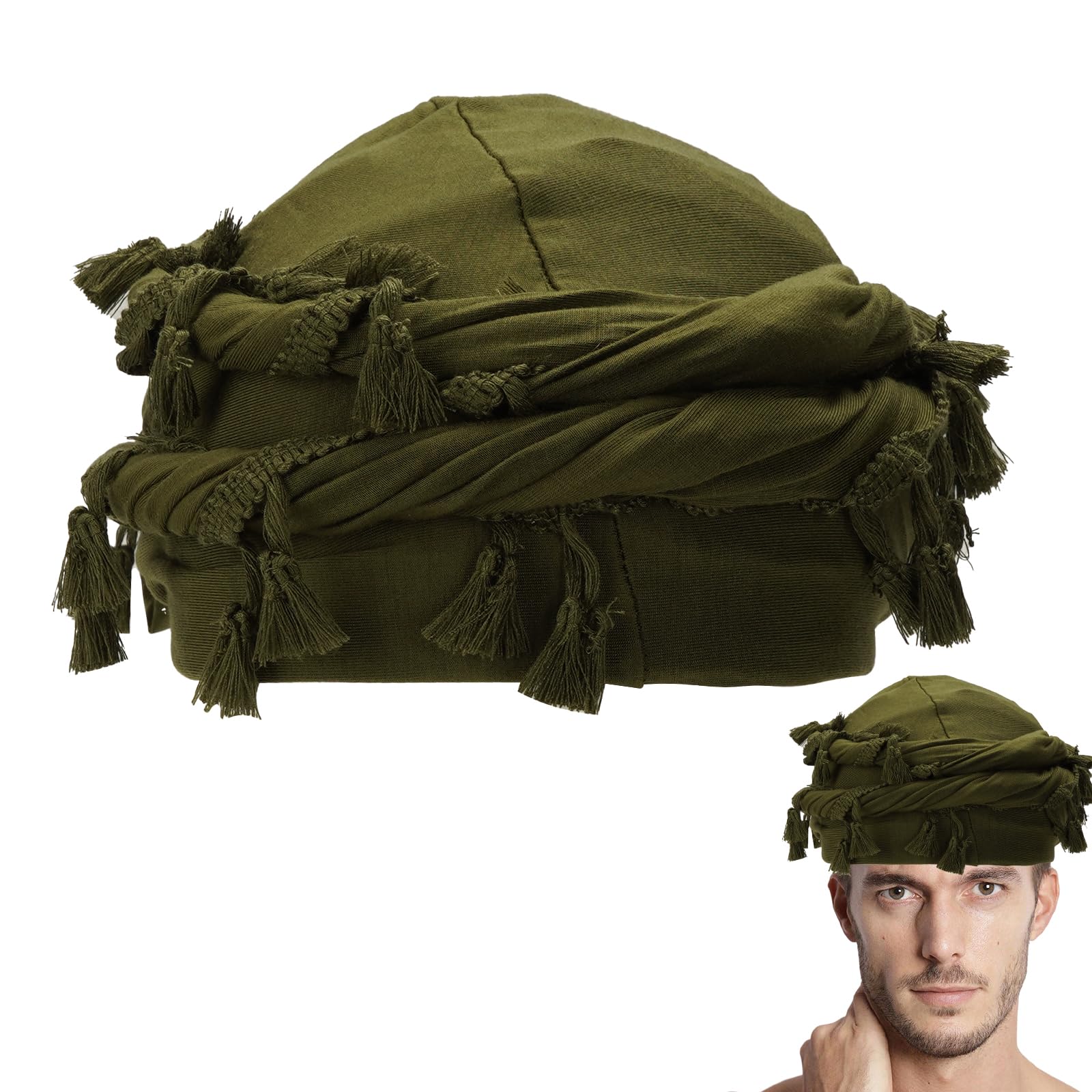 Adorila Cotton Durag Satin Lined Halo Turban Wraps, Unique Design Turban for Men, Tassel Beanie for Causal Life (Green)