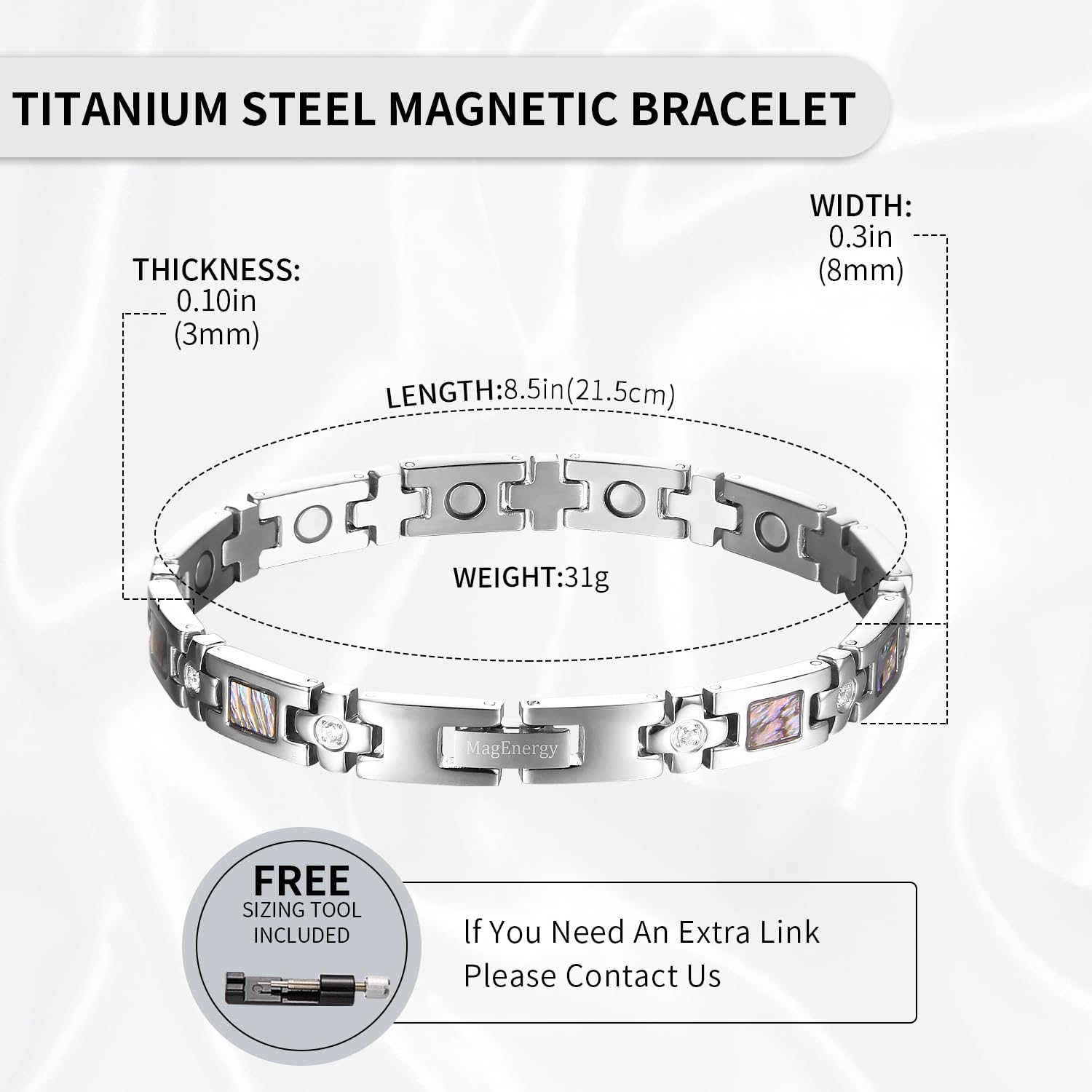 MagEnergy Magnetic Bracelets for Women Titanium Steel Bracelets, 8.5'' Adjustable Bracelet Free Link Removal Tool (Silver) - Image 3