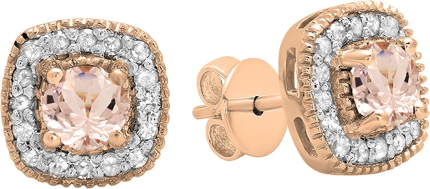 Dazzlingrock Collection Round Morganite & White Diamond Halo Stud Earrings for Women (White Diamond 0.24 ctw, Color I-J, Clarity I2-I3) in 925 Sterling Silver
