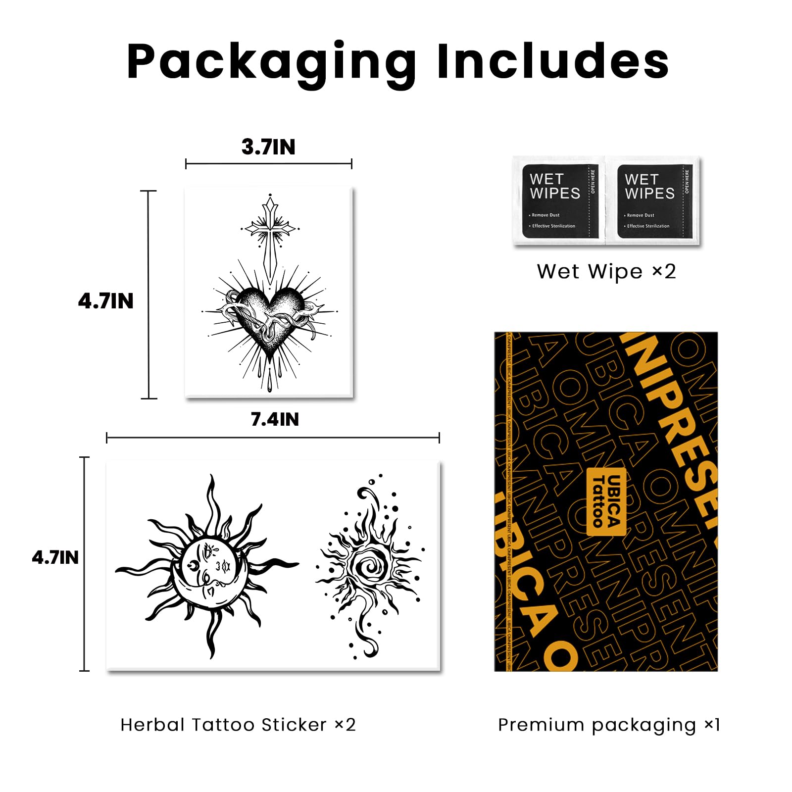 Tattoo Tech, 2 Sheets Large Semi Permanent Tattoo, Lasts 7-15 Days Temporary Tattoos(Flowers with Branches), Waterproof and Non-Reflective, for Arm Thigh Back: Sun Moon & Sacred Heart