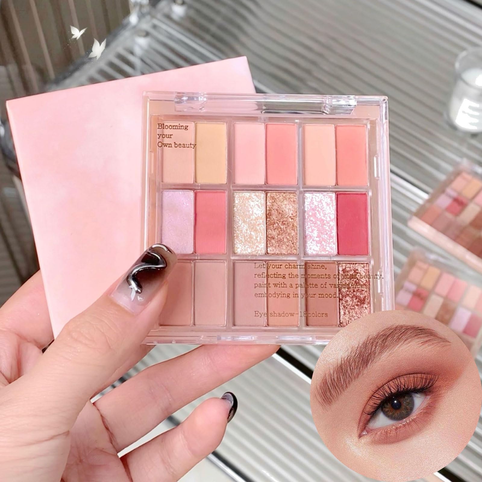 Pink Eyeshadow Palette Make-Up Palettes, Brown Matte Shimmer Eye Shadow for Women Glitter Eyeshadows 18 Colour Multi-purpose - Image 2