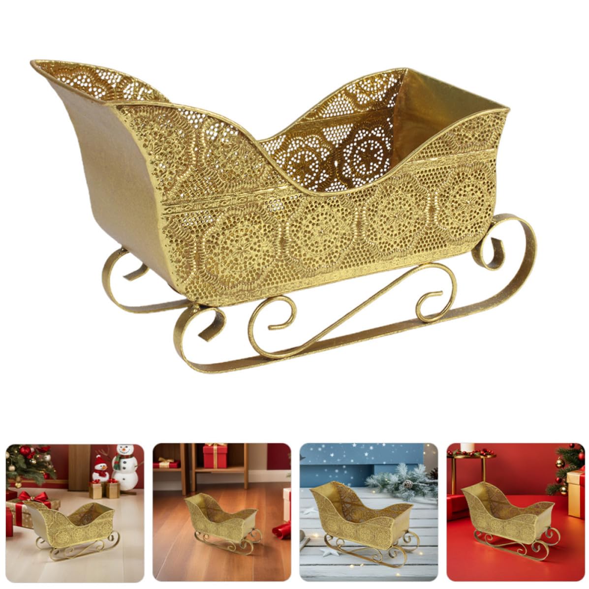 Kichvoe Trineo Decorativo Navideño de Hierro Dorado para Centro de Mesa