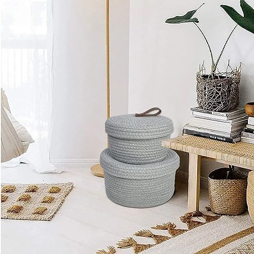 Miniatura 5 de YEARONAN Cesta pequeña con tapa, paquete de 2 cestas decorativas con tapas para estantes y mesas de café, cesta redonda con tapa, regalos para