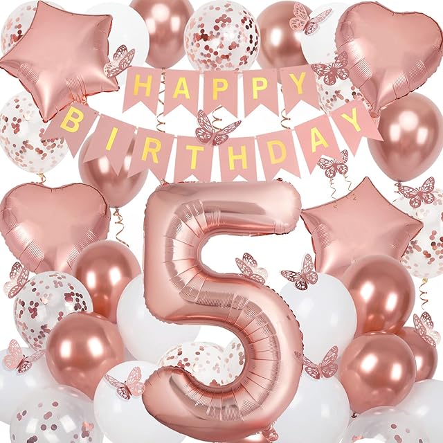 5th Birthday Decorations for Girls, Rose Gold 40 Inch Age 5 Foil Birthday Balloons with Happy Birthday Banner and Butterfly Stickers, for Baby Shower, Girls Women Birthday Party