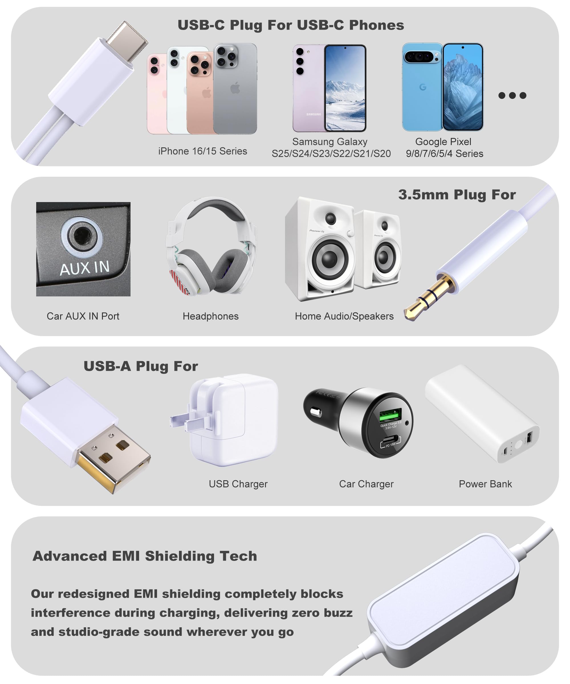 LMUBOY Cable auxiliar USB-C a 3.5 mm con enchufe de carga USB, cable AUX a USB C para iPhone 16/15, Galaxy S20-S25, Pixel, música sin ruido y carga rápida