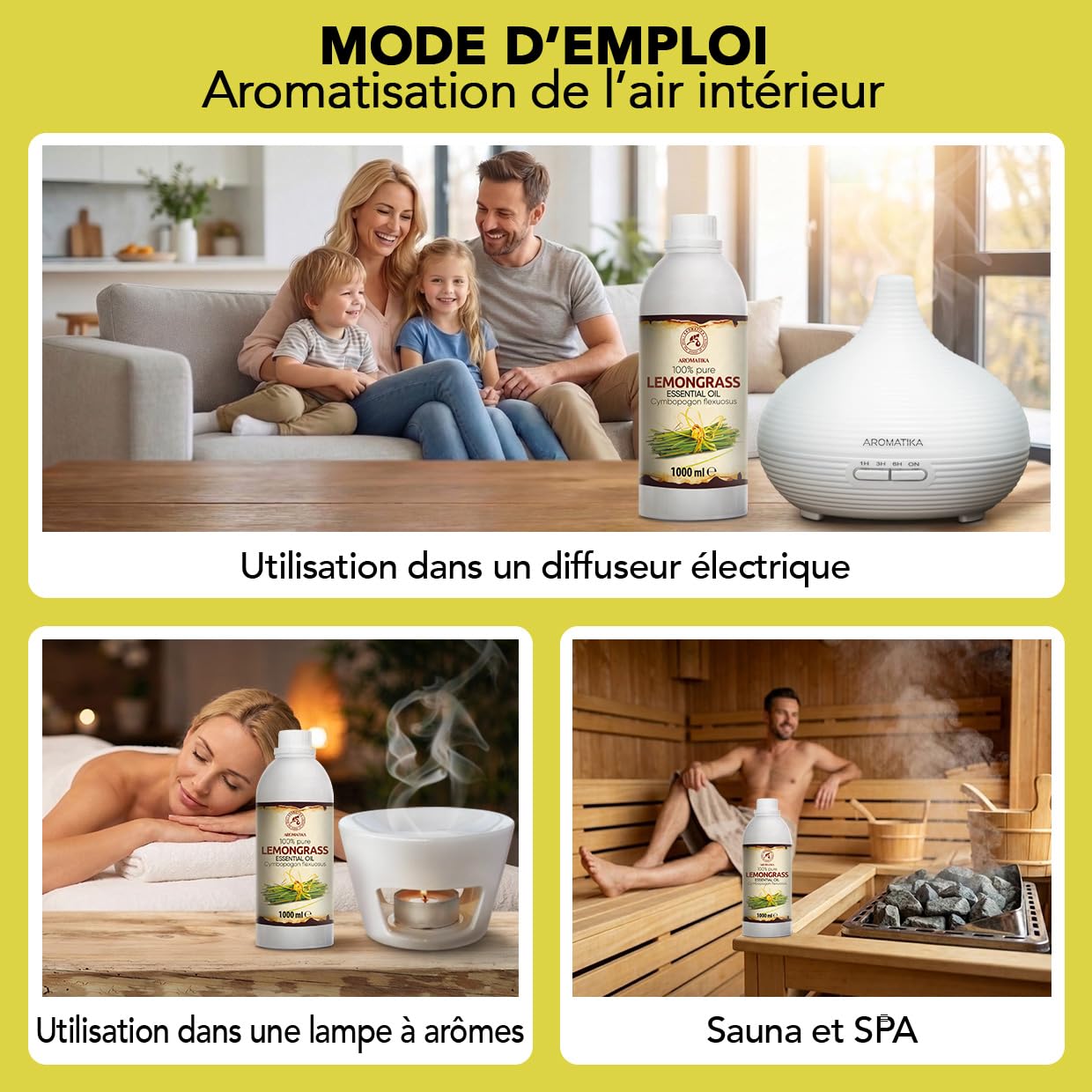 Huile Essentielle de Lemongrass 1000 ml - Cymbopogon Flexuosus - pour Diffuseur et Lampe Aroma - le Savon et les Bougies - Sauna - Parfums d'Intérieur - Arôme frais - Aromathérapie
