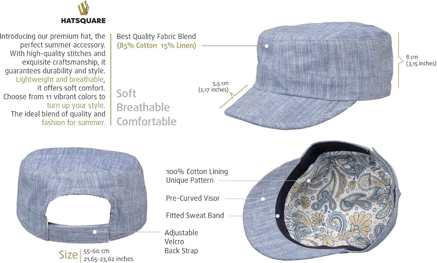 Summer Cotton Military Cadet Cap, Light Weight Breathable Army Style Hat, Man Cadet Cap