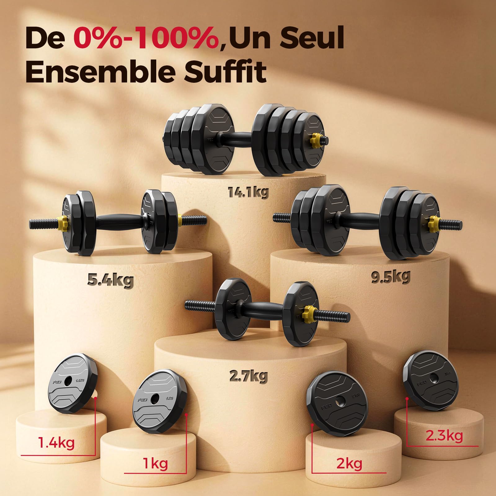 FEIERDUN Regulowane hantle 4 w 1, zestaw bez ciężaru 18 kg do domowej siłowni – do użytku jako sztanga, kettlebell, stojak push-up - idealny dla mężczyzn i kobiet ćwiczeń fitness