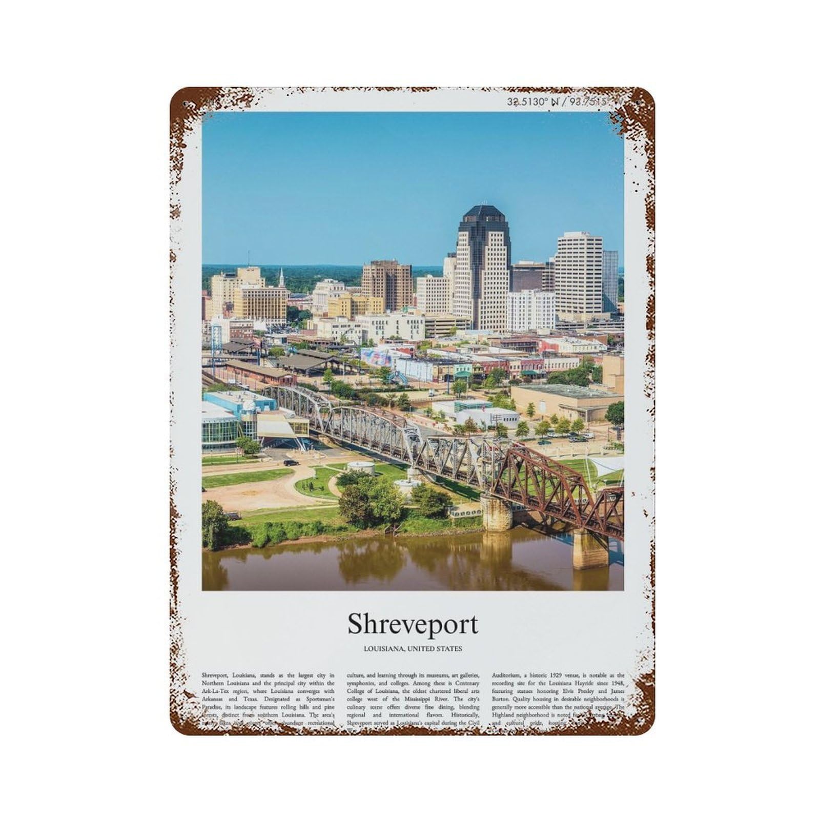 xiaoxiaoshen Shreveport Louisiana, United States, USA City Scenery Wall Decor Art Metal Tin Poster Modern Home Decor Art Home Bar Shop Decorations Vintage Sign 40x30cm