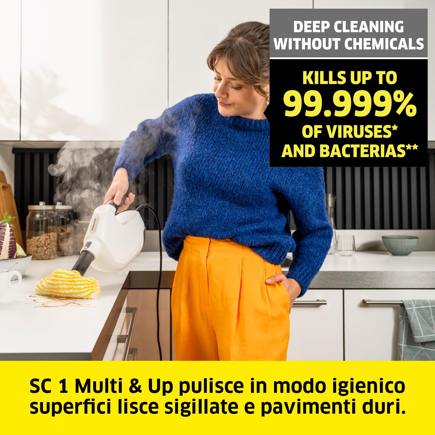 KÄRCHER Pulitore a Vapore SC 1 Multi & Up, Tempo di riscaldamento: 30s, Potenza di riscaldamento: 1.300 W, rimuove fino al 99,99% di germi e batteri, Potenza superficiale: 30 m², Serbatoio: 200 ml