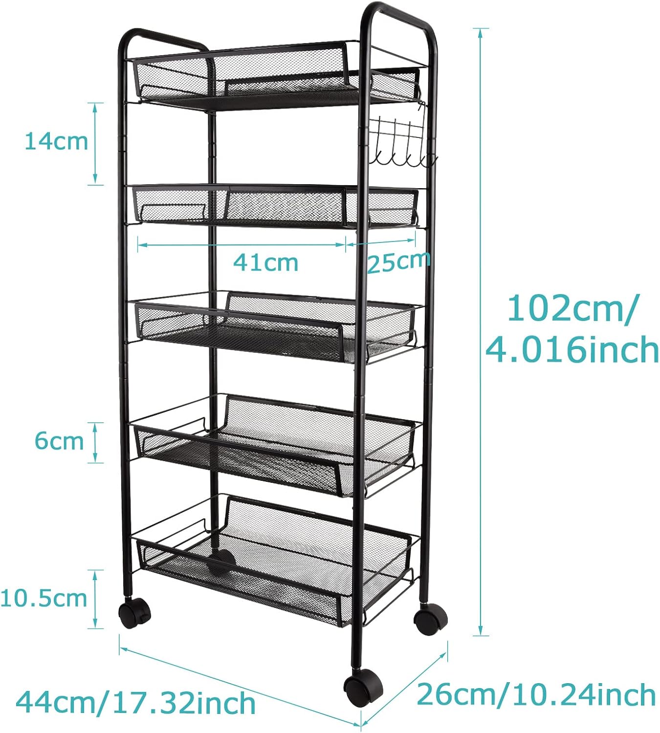Zanflare 5-Tier Metal Mesh Rolling Cart, Kitchen Rolling Utility Cart Trolley Storage Cart with Lockable Wheels, Wire Basket Shelf Trolley with 5 Side Hooks for Home Kitchen Office, Black