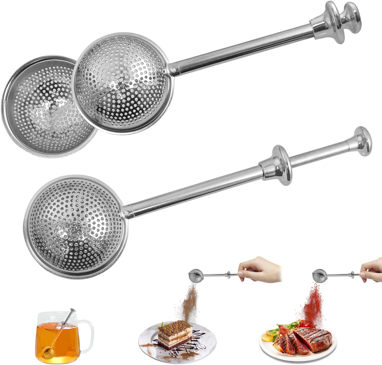 2 Pcs Long Handle Tea Ball, Stainless Steel Strainer, Reusable Fine Mesh Interval Diffuser for Loose Leaf Brewing