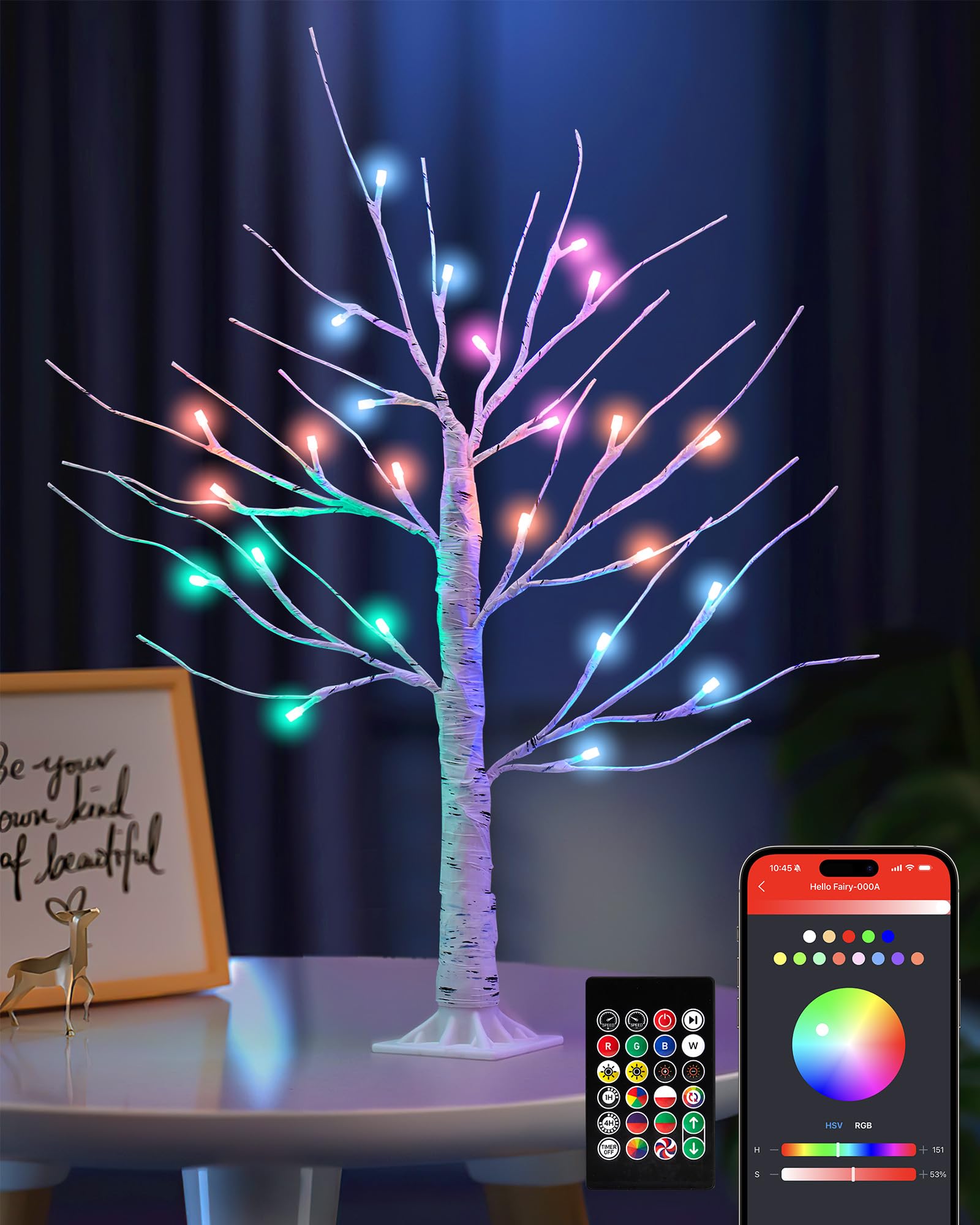 Ariceleo 2FT Lighted Birch Tree with RGB LED Lights, USB Powered, Timer & APP Control, 24 LED, Tabletop Decor for Christmas, Thanksgiving, Holiday Decorations – Indoor & Outdoor Use
