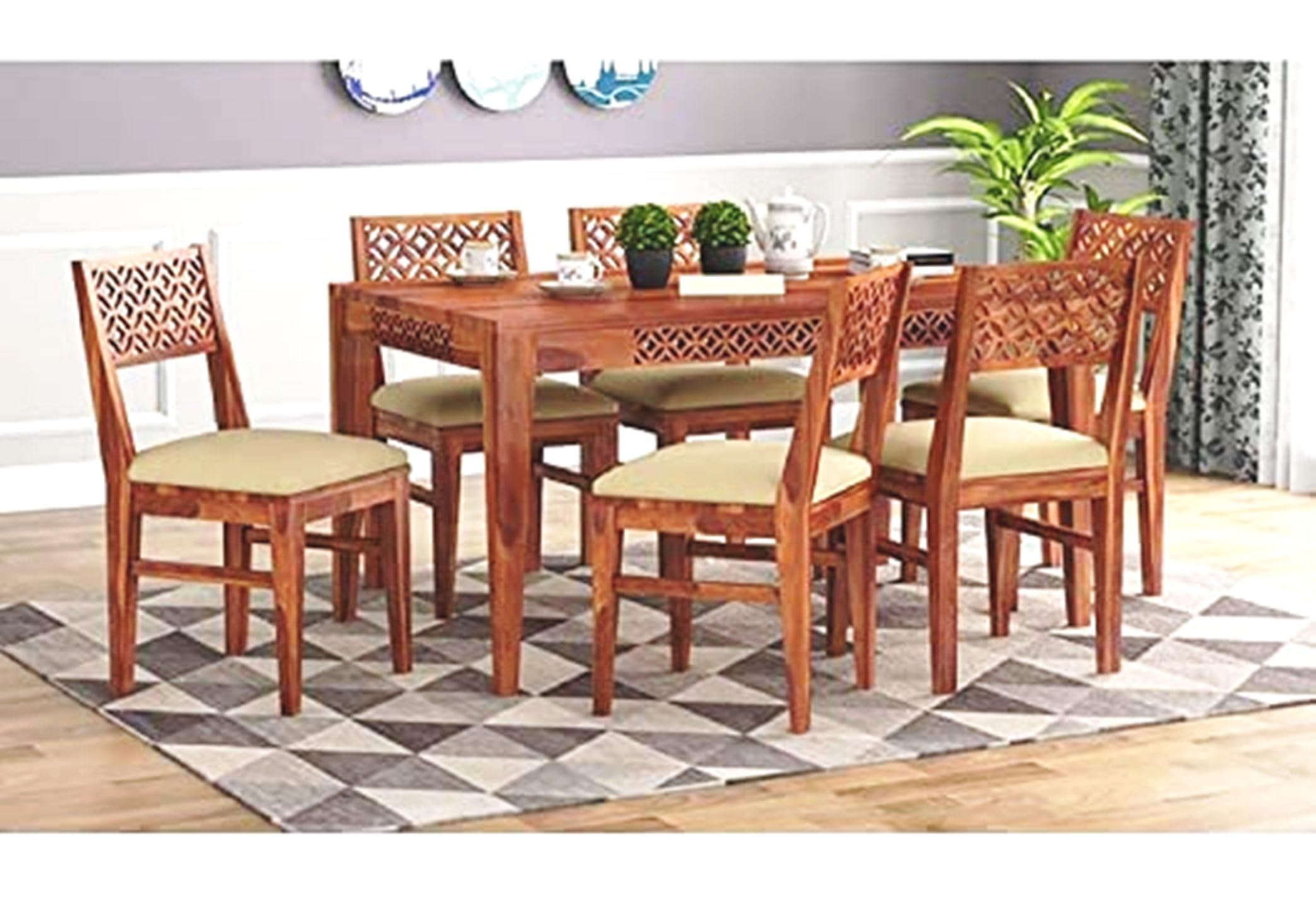 SM ARTS CNC Wooden Dining Table 6 Seater | Dinner Table & 6 Chairs with ...