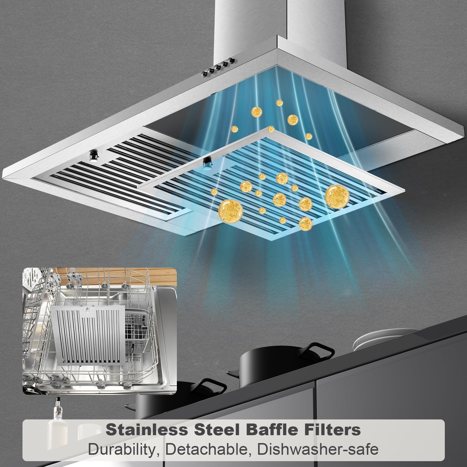 Campana extractora de 76,2 cm, Montaje en pared, Acero inoxidable, 3 velocidades, 450 CFM, LED, Plateado