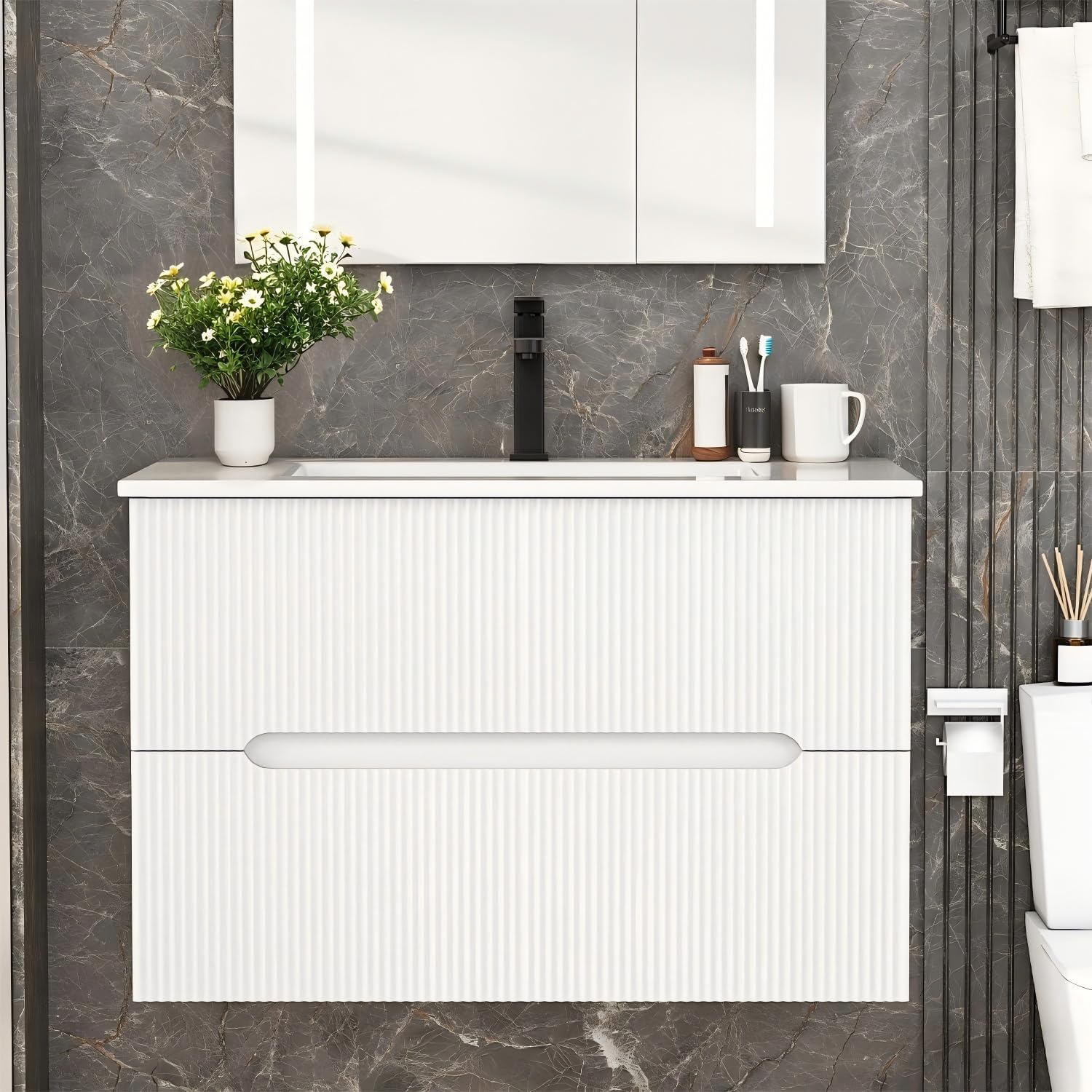 EROMMY 30 Inch Bathroom Vanity with Sink, Floating Bathroom Vanity with Ceramic Basin, Wall Mounted Fluted Bathroom Sink Cabinet Set with 2 Soft-Close Drawers, Faucet & Pop Up Drain, White
