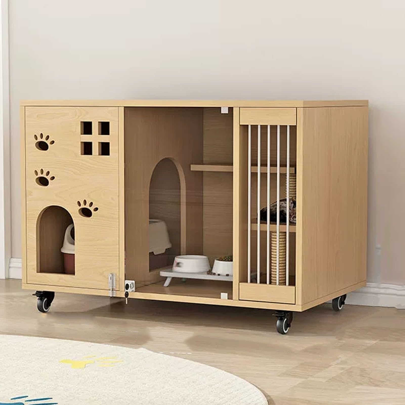 Cage for chats design en bois de qualité supérieure, maison sur roulettes aérée