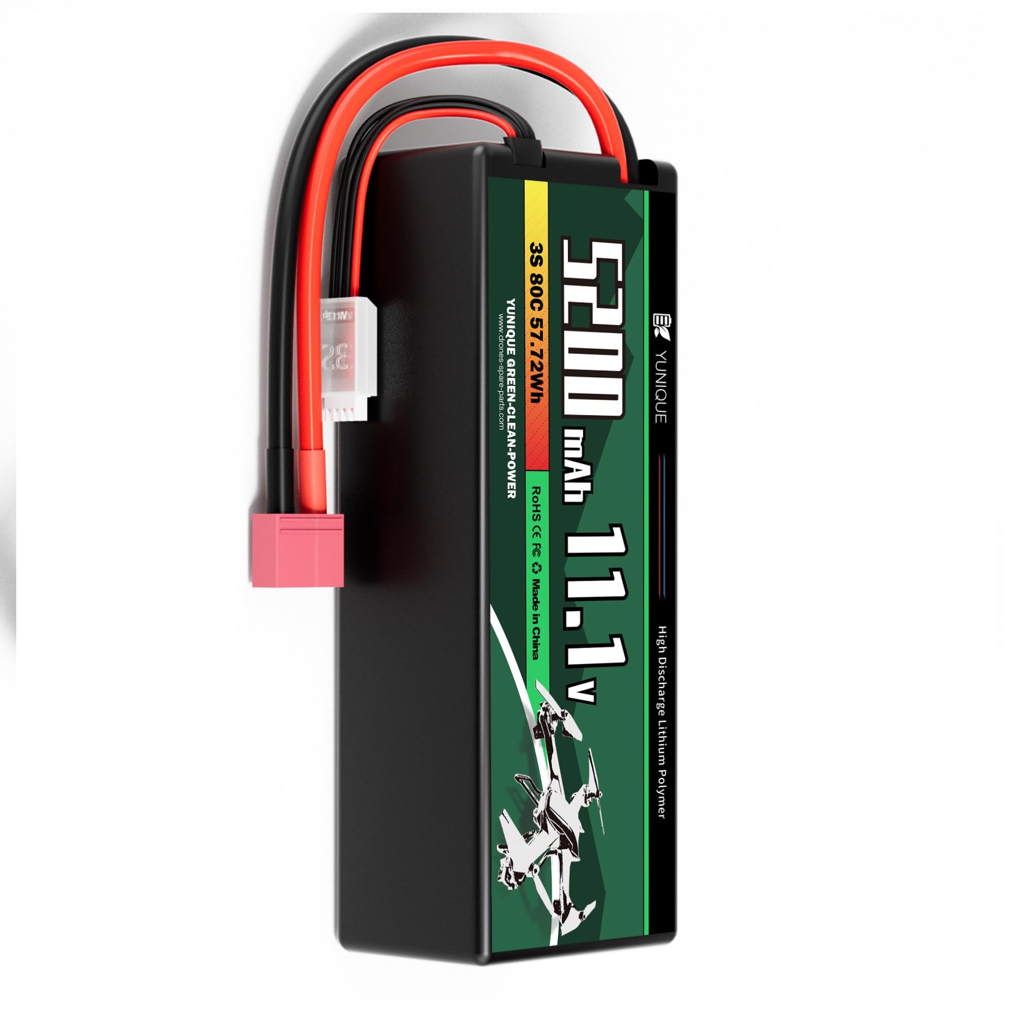 YUNIQUE GREEN-CLEAN-POWER Akumulator Lipo 3 ogniwa 11.1V 5200mAh 80C ze złączem T-Plug, kablem silikonowym i twardą skorupą - Wymiary 138 x 47 x 38 mm, waga 359 g - Wysoka moc dla modeli RC