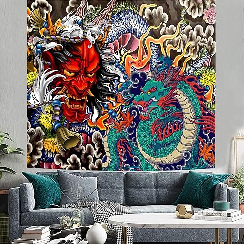 Miniatura 4 de Aidatain Tapiz de dragón japonés Oni para colgar en la pared, tapiz estético de anime para hombres, dormitorio, sala de estar, tela de franela, 60