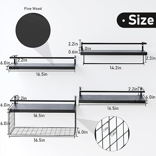 Miniatura 2 de Estantes flotantes de madera negra montados en la pared, estantes rústicos de pared de baño de 3+1 niveles sobre el inodoro con cesta de