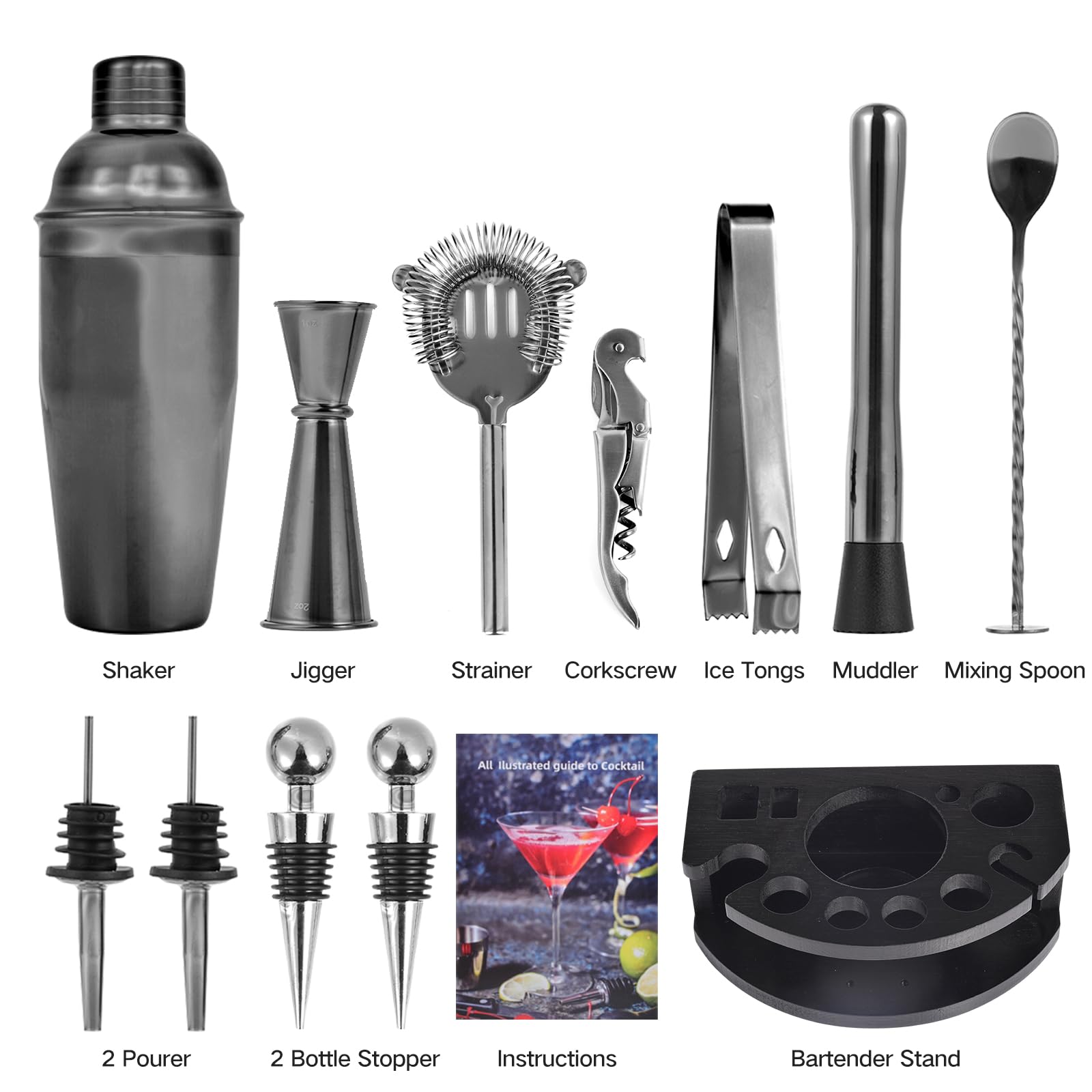 Safring Kit de barman con soporte, juego de bar de 12 piezas | Juego de coctelera de 24 onzas para mezclar bebidas, juego de coctelera de Martini con herramientas de bar, folleto de recetas |