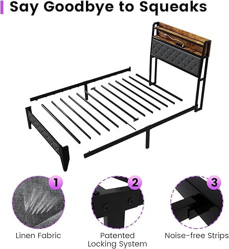Miniatura 9 de Winkalon Base de cama LED individual con cabecero, base de cama con estación de carga, marco de cama de plataforma de metal, tamaño individual, no