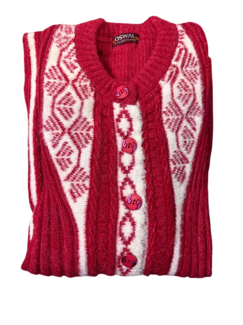 Women's Red and White Cable Knit Button Front Cardigan Sweater with Geometric Pattern-image-12