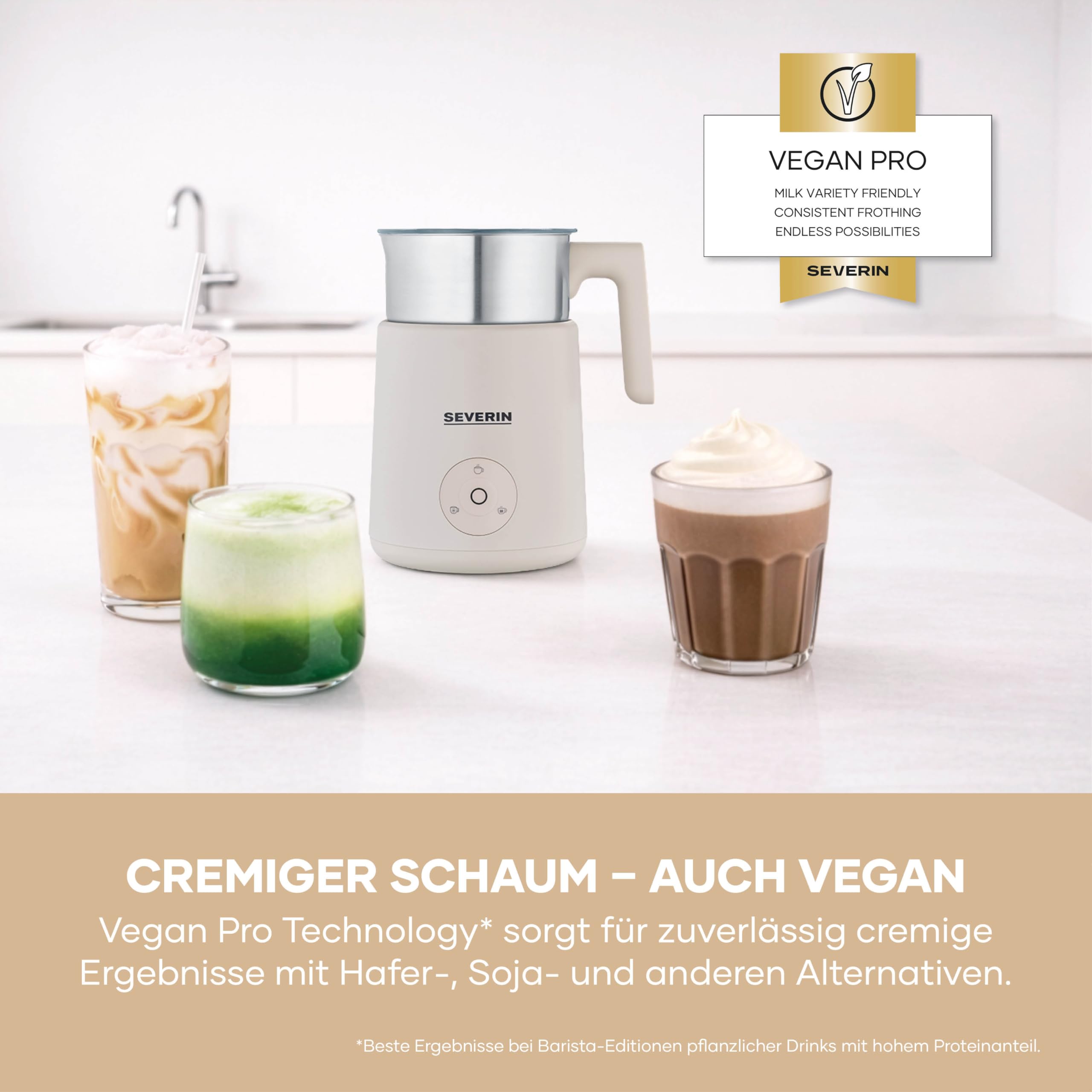 Severin Design Induktions-Milchaufschäumer, elektrischer Milchschäumer mit Edelstahlbehälter, kaltes und warmes Aufschäumen, Schokoladen-Funktion, geeignet für vegane Milch, Aesthetic, beige, SM 3589