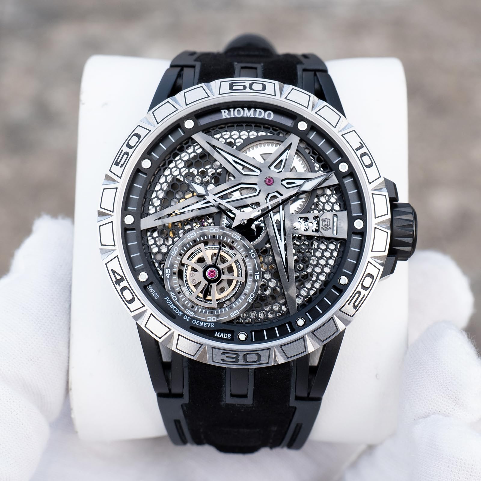 OBLVLO Męski 46 mm mechaniczny automatyczny zegarek maszynowy z wydrążoną tarczą 50 m wodoodporny gumowy pasek wojskowy zegarek RD-901
