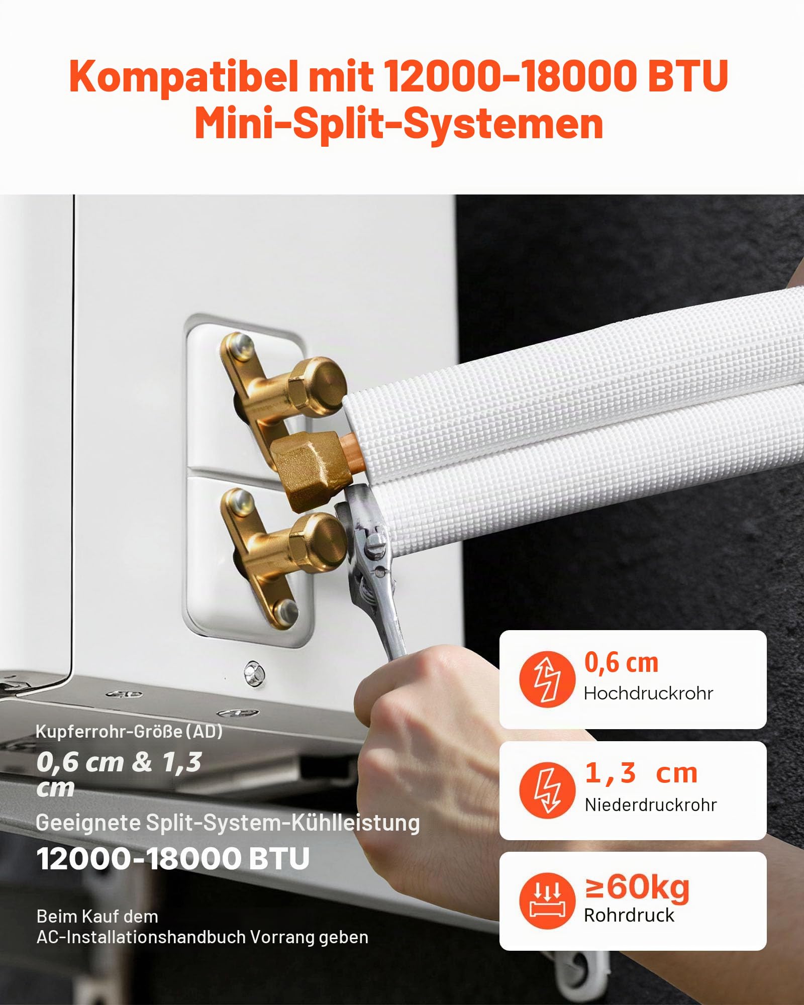 VEVOR Kältemittelleitung 30,48 m, Kupferleitung 6,4 & 12,7 mm Außendurchmesser, PE-isolierte Spule mit Bördelmuttern, Umreifungsbänder, für Mini-Split-Klimaanlage, HVAC oder Wärmepumpensystem