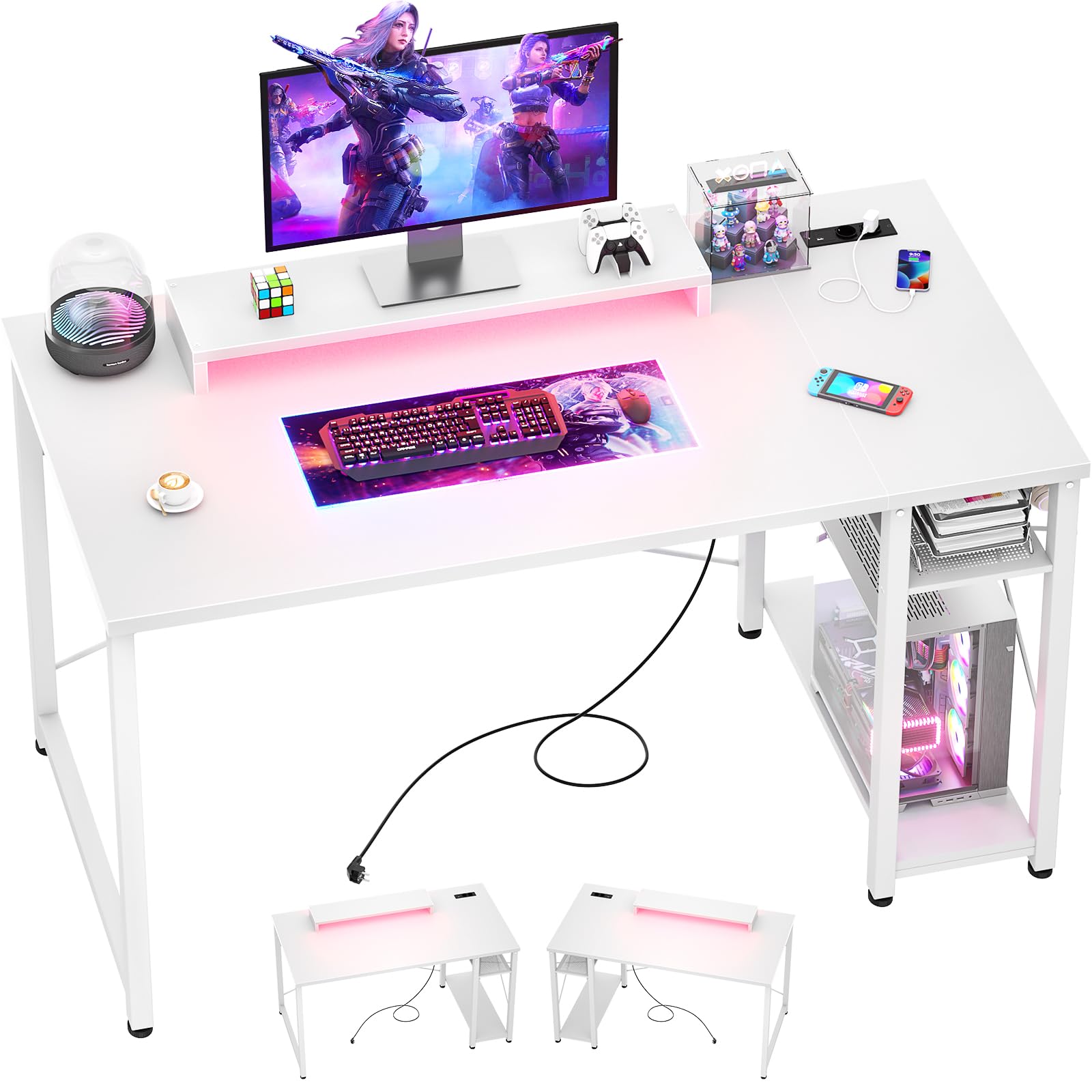 iSunirm Gaming Schreibtisch 100x50cm Weiß mit LED & 2 Steckdosen + 2 USB, Computertisch mit Monitorständer, Wendbarer Kleiner Tisch für Homeoffice & Gaming Room