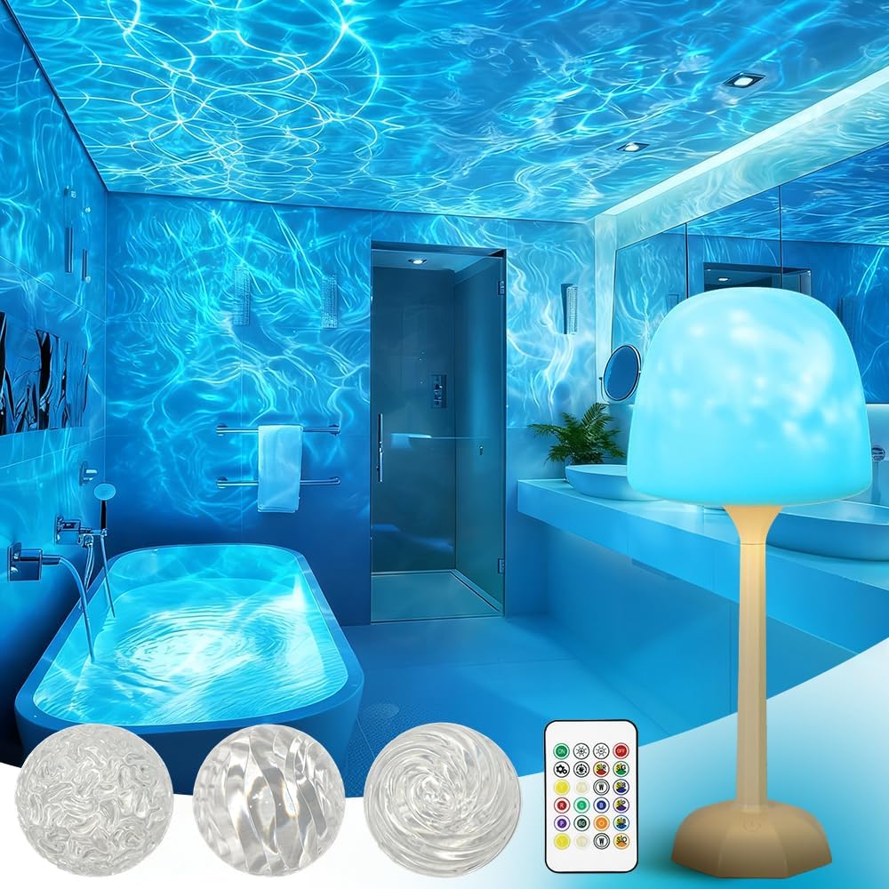 Spa-Like Shower Lamp Waterproof Bathroom Lamp Ocean Wave Projector Light with 16 Colors Changing Rechargeable Remote Control & Touch Northern Lights Projector,Cordless Light for Inside Shower