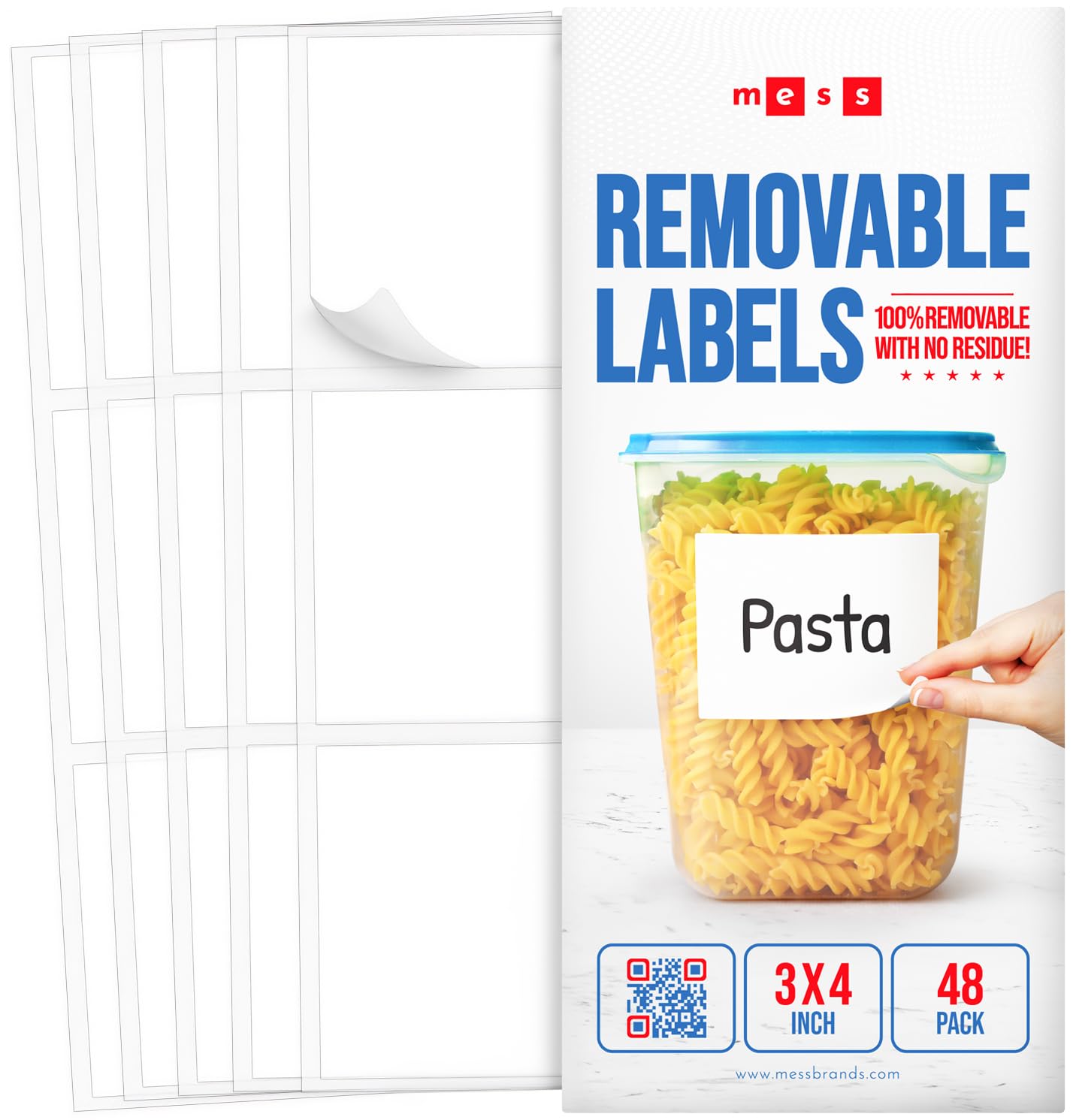 MESS Removable Food Labels for Containers (48-Pack) 3x4" Erasable Kitchen Labels for Organizing, Freezer & Fridge, White Dry Erase Labels for Jars
