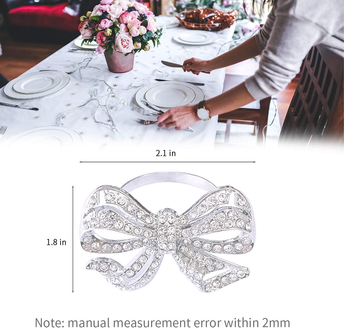 DZH Enjoy Napkin Rings Set of 4-Bow Rhinestone Napkin Ring Holder for Wedding Party Home Kitchen Dining Table Linen Accessories Delicate Serviette Buckles Decor Favor (Silver) : Home & Kitchen