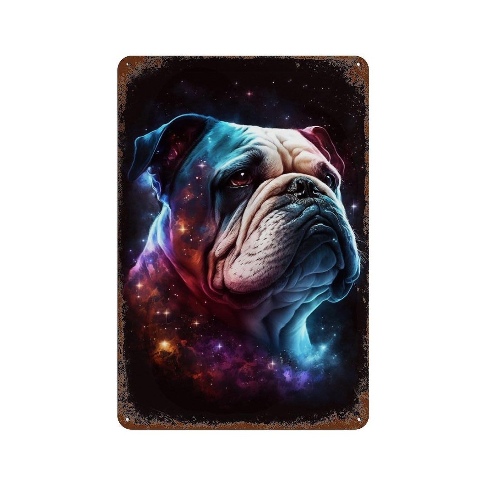 Distressed Metal Wall Sign Cosmic Bulldog Portrait Print 11.8"x7.9", Old School Wall Decor for Bistro, Counter And Cafe Decor