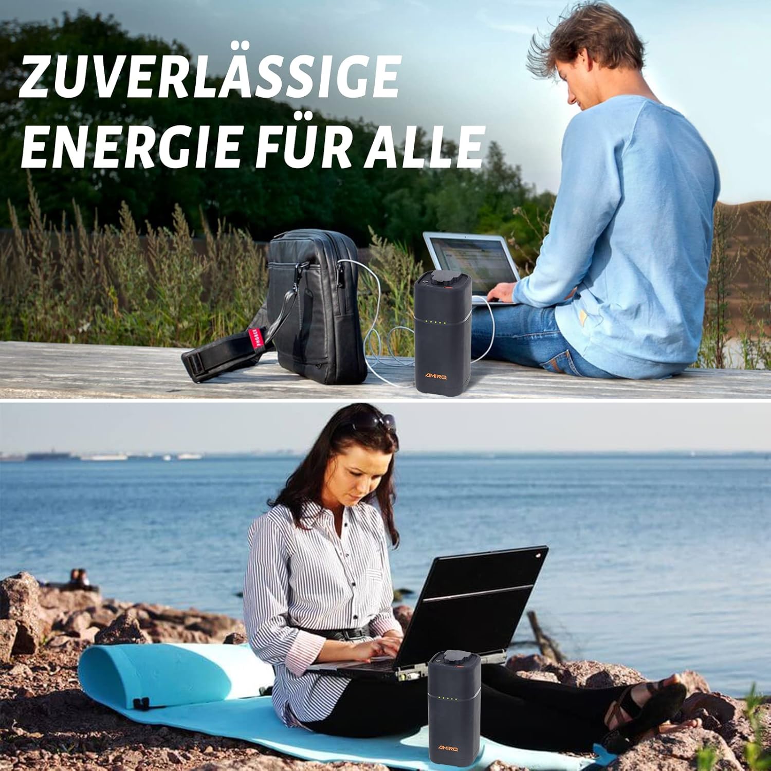 Person using laptop outdoors with power bank