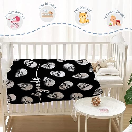 Miniatura 4 de YeeJu Manta de Halloween para niños, manta de calavera espeluznante negra, manta pequeña para niños y niñas, cama de bebé, decorativa, suave,