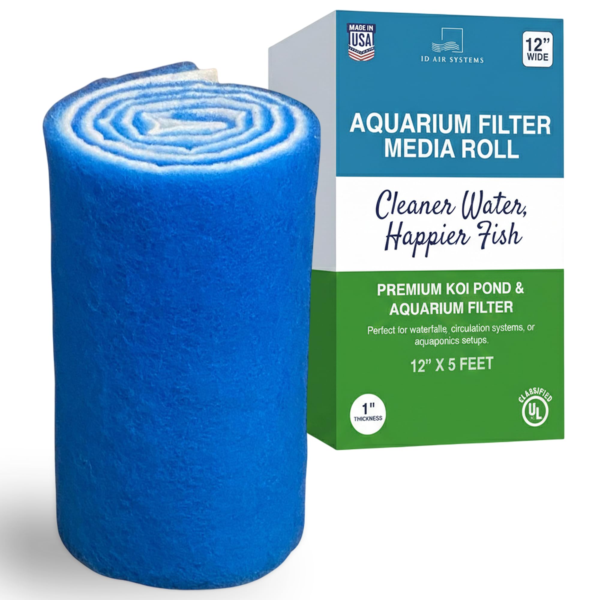 ID Air Systems Premium Koi Pond and Aquarium Filter Media Roll - Long Lasting 12” x 60” x 1” Thick Pond Filters for Outdoor Ponds, Freshwater or