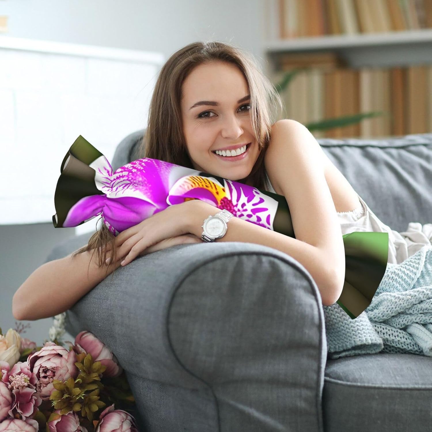 Orchid Print Candy Cylindrical Comfortable Pillow Throw Pillows Home Decor Easy Maintenance