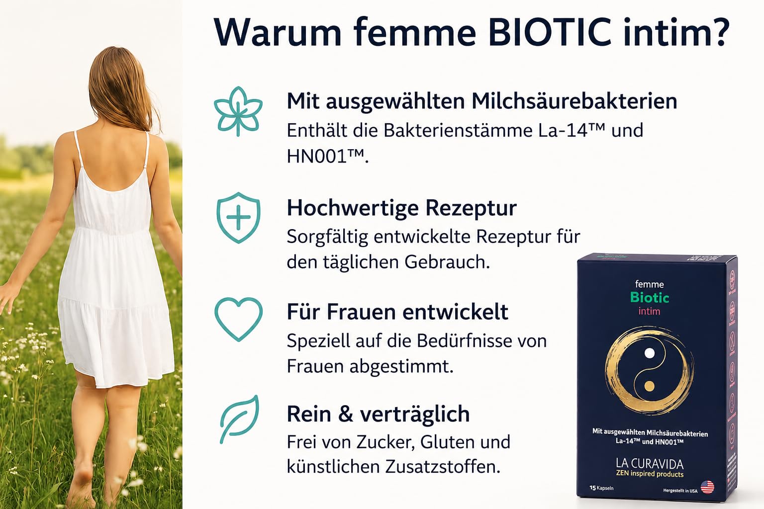 Femme Biotic Intim – Nahrungsergänzung mit ausgewählten Milchsäurebakterien für Frauen – Vegan – 15 Kapseln