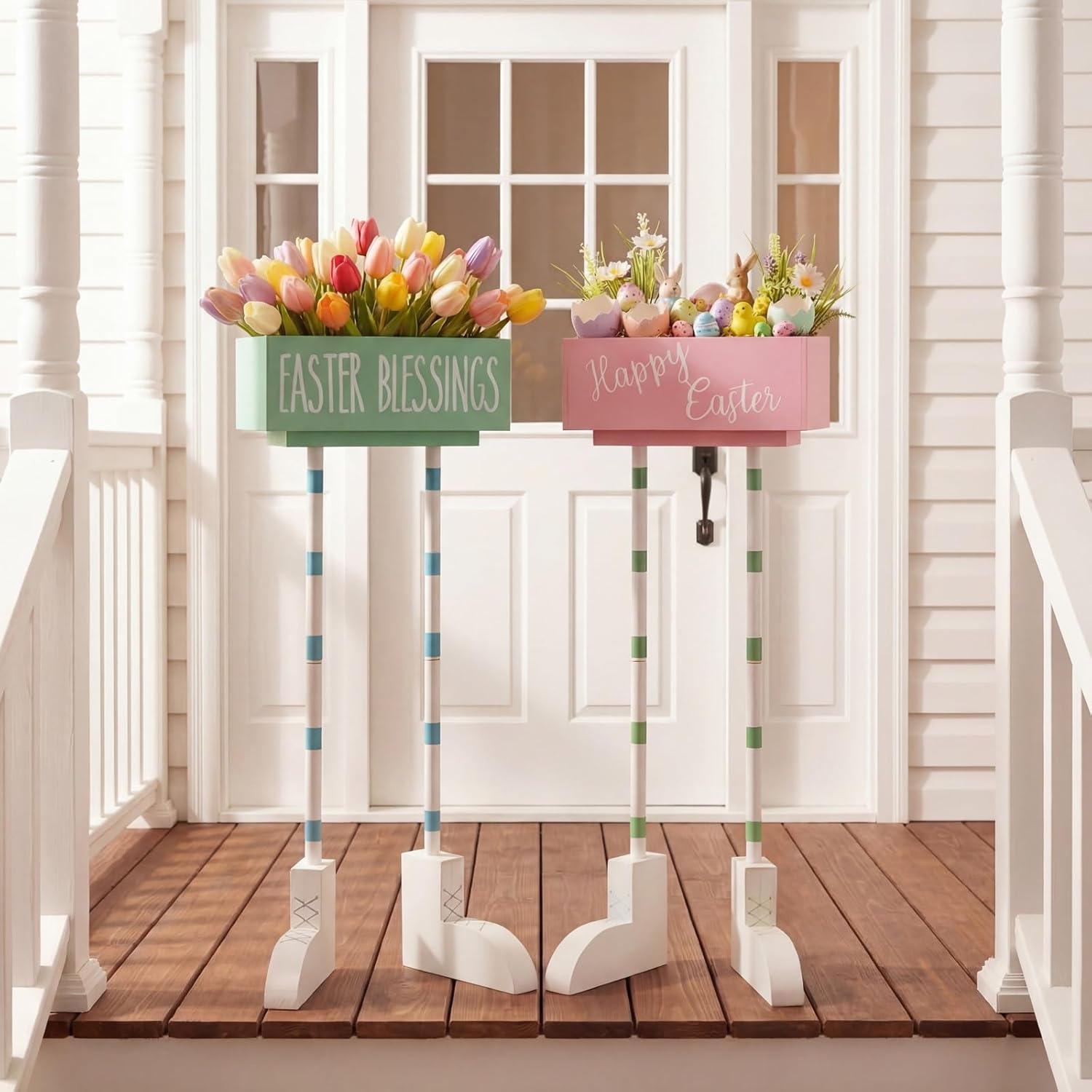 FillTouch 2 Set Outdoor Easter Porch Decorations 30 Inch, Wooden Standing Planter Box with Bunny Feet, Easter Egg Holder Large Planter Spring Entryway Decor for Front Door Farmhouse Indoor Holiday