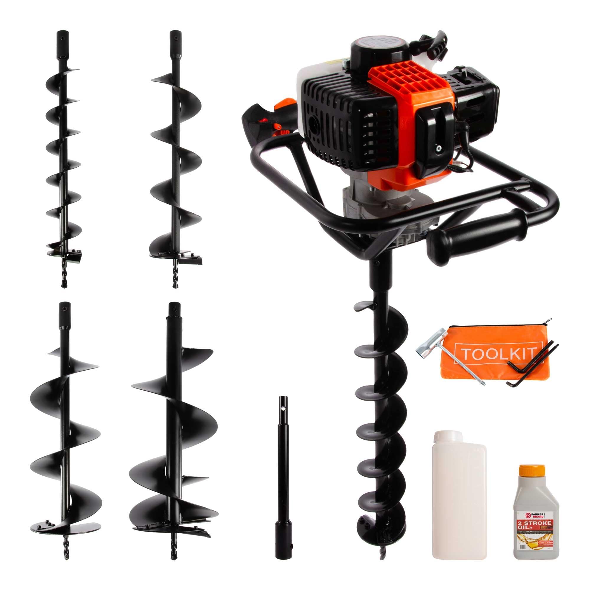 52cc Petrol Earth Auger/Fence Post Hole Borer + 4 Auger Bits + Extension Bit + More