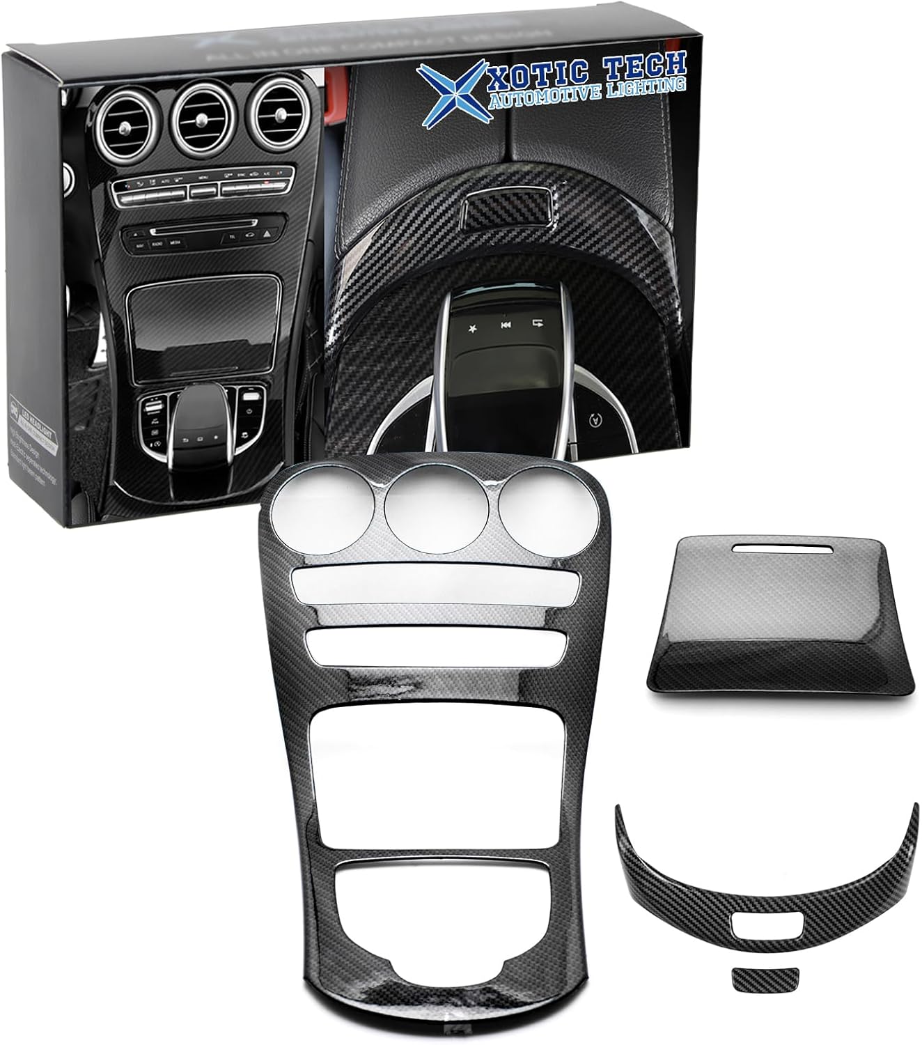 x xotic tech Center Console Gear Shift Frame+Armrest Box Release Button Panel Cover Trim,Carbon Fiber Pattern,Compatible with Mercedes Benz C Class W205 2015-2018,GLC Class W253 2016-2018 (wo/Clock)