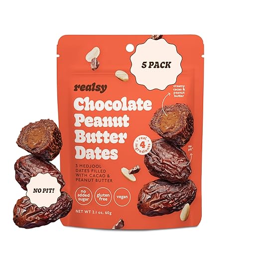 Realsy Pitted & Stuffed Medjool Dates, Organic Dates with No Sugar Added, Gluten-Free, Vegan, Good Source of Fiber, Low Glycemic Index, All Natural Healthy Snack (Peanut Butter Chocolate 5 pack)