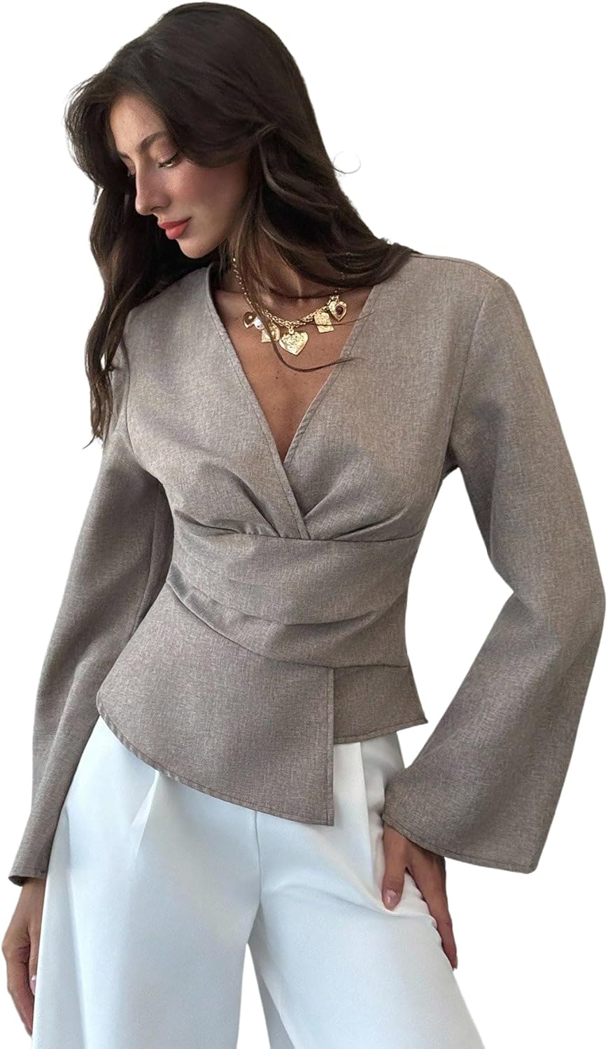 SweatyRocks Women's Wrap Asymmetrical Cinched Waist Tops Dressy Casual V Neck Pleated Business Work Blouses