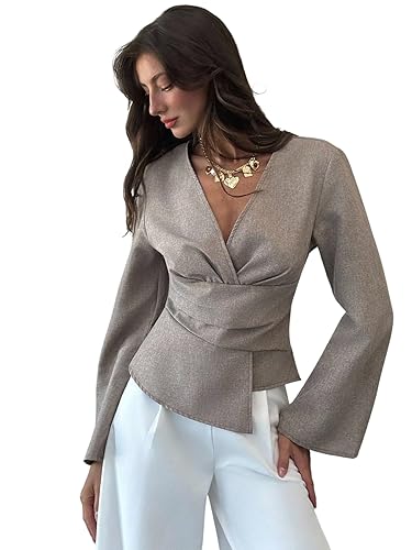 Women's Petite Size Wrap Asymmetrical Cinched Waist Tops Dressy Casual