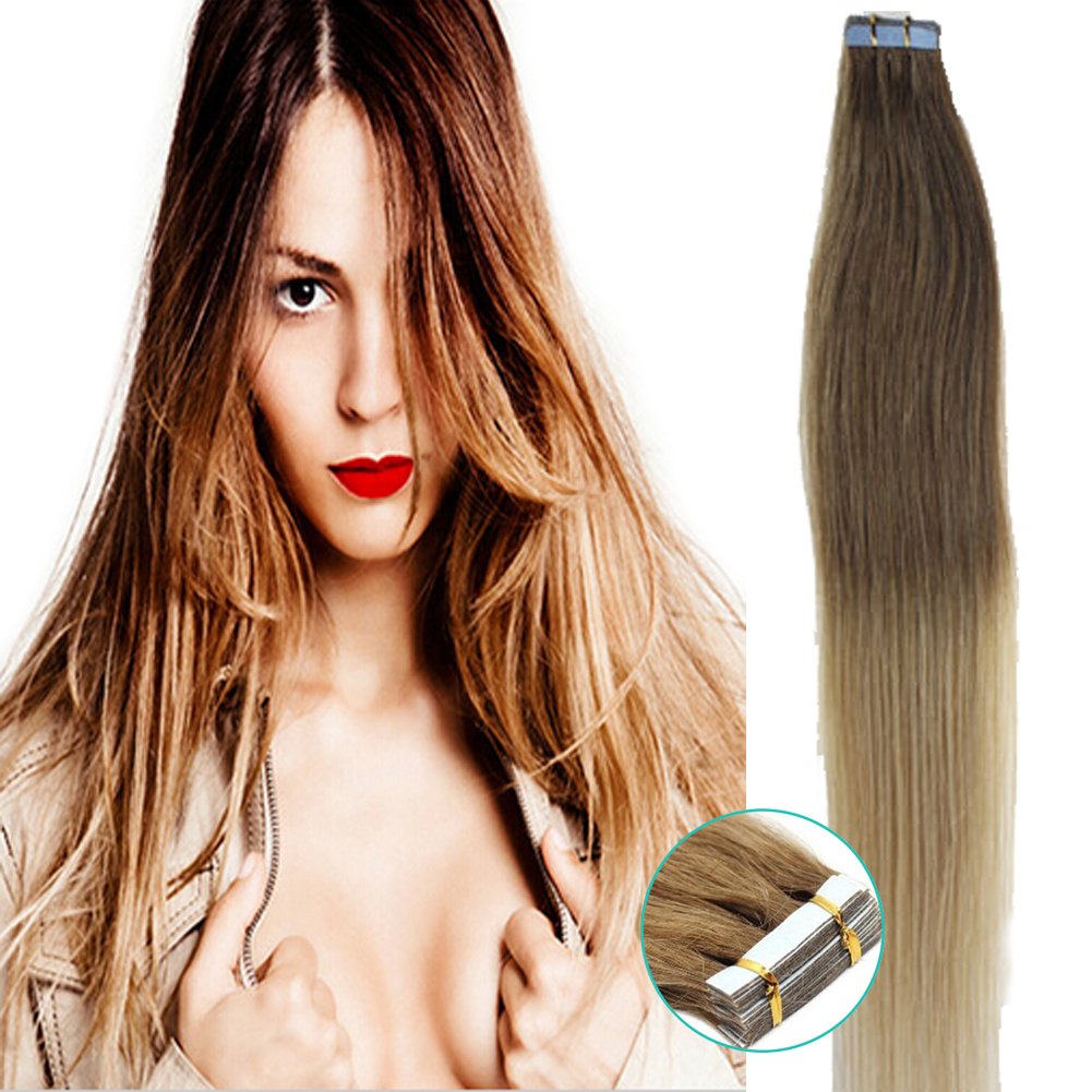 Hair Extensions Seamless Tape in Skin Weft Brazilian Remy Human Hair 20Inch Long (20Inch20pcs50gram, 27/613 Dark Blonde with Light Blonde)
